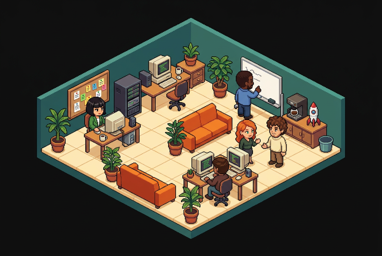 The Build Studio: a retro isometric workspace populated with pixel avatars