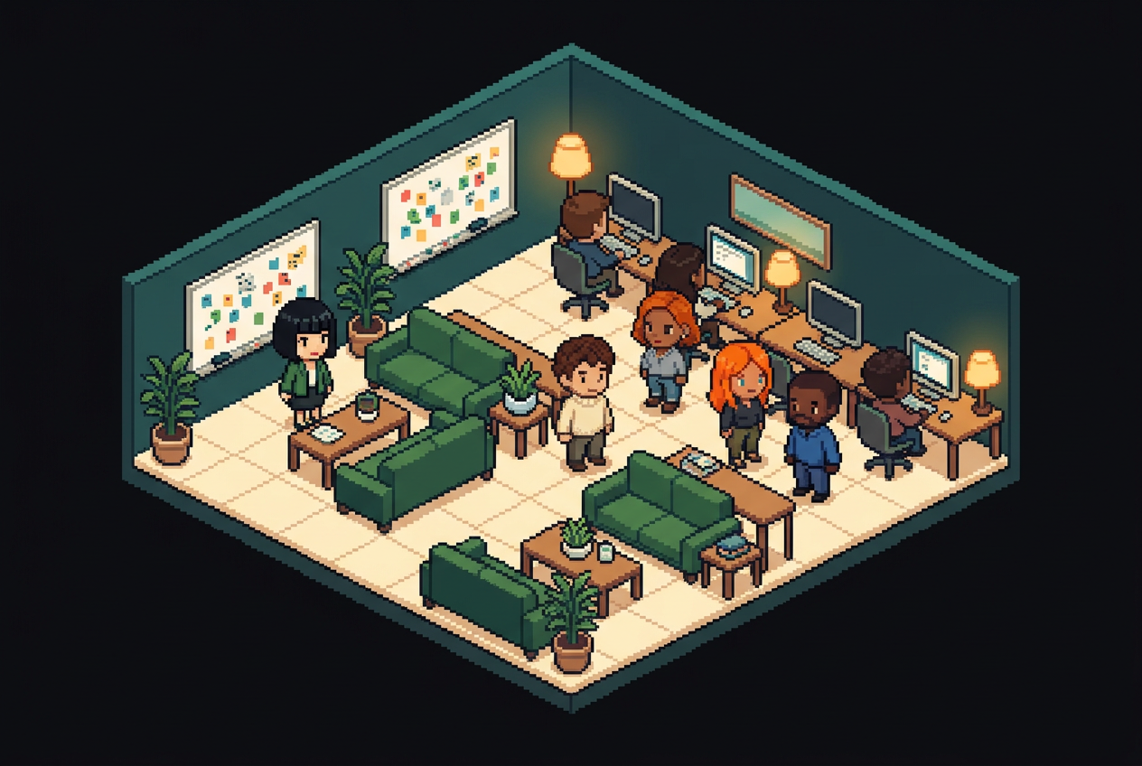 Isometric pixel-art founder lobby with six avatars, green sofas, plants, and workstations