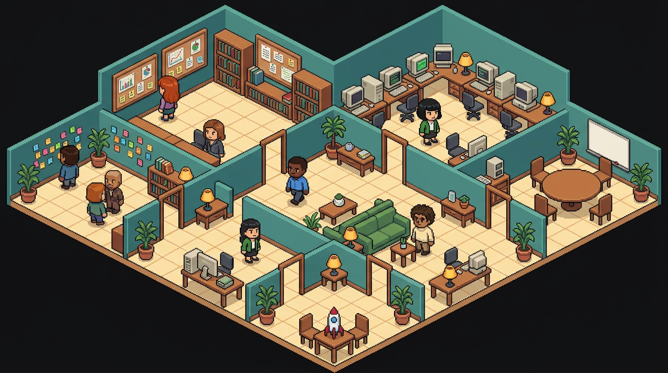 Connected isometric pixel-art headquarters with a lobby, research library, coding studio, meeting room, planning room, and launch lounge, populated with founder avatars