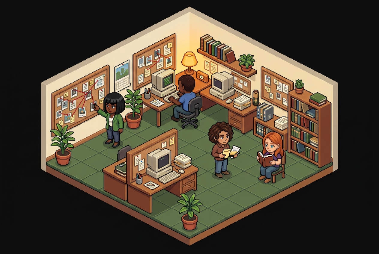 The Research Room: a retro isometric workspace populated with pixel avatars